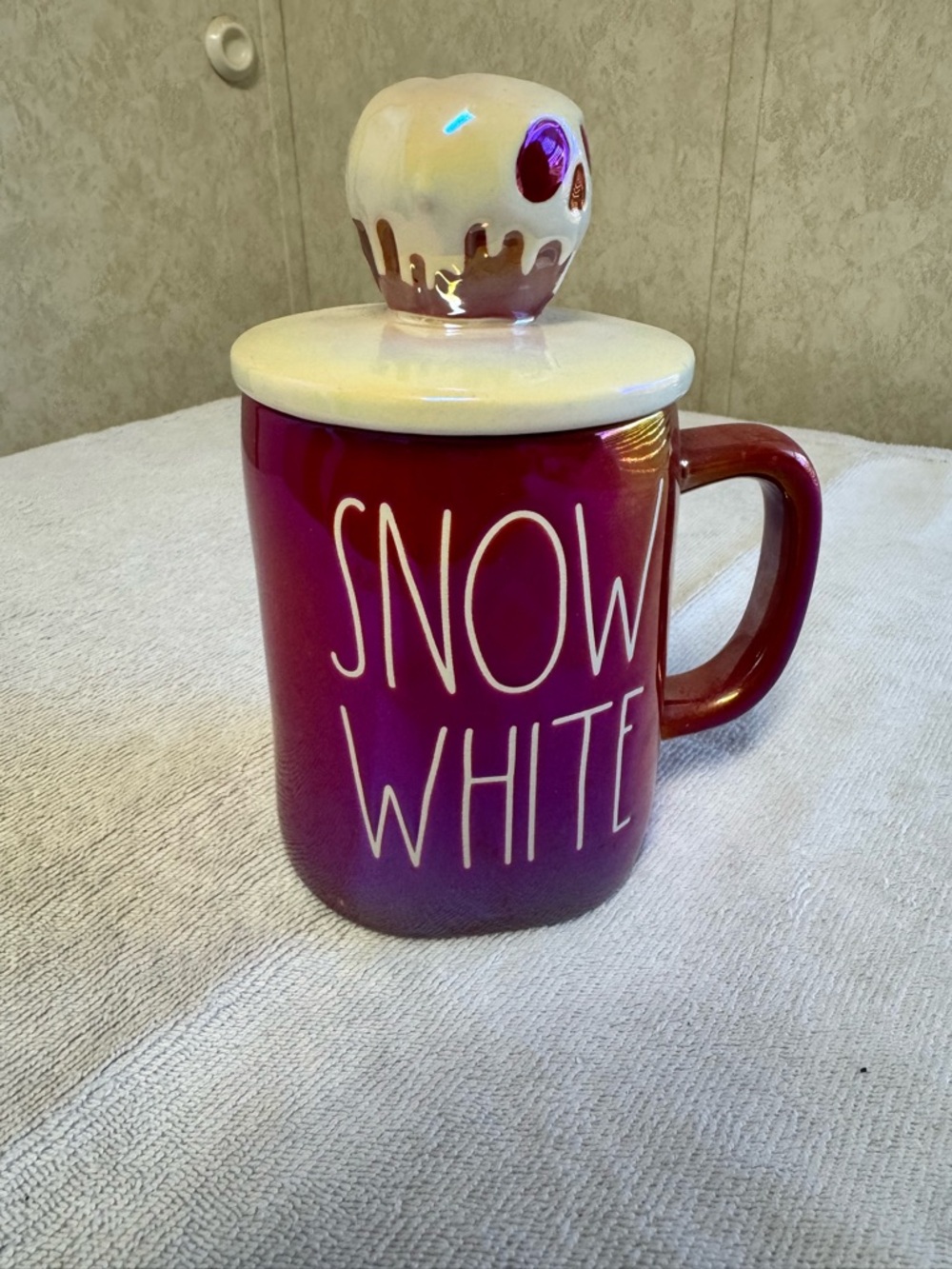 Rae Dunn Maroon 'Snow White' Ceramic Mug with Frosted Skull Lid